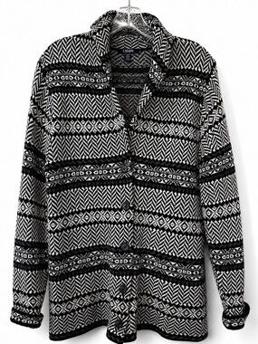 Chaps Fair Isle Cardigan XL Black White Shawl Collar Cozy Button‎